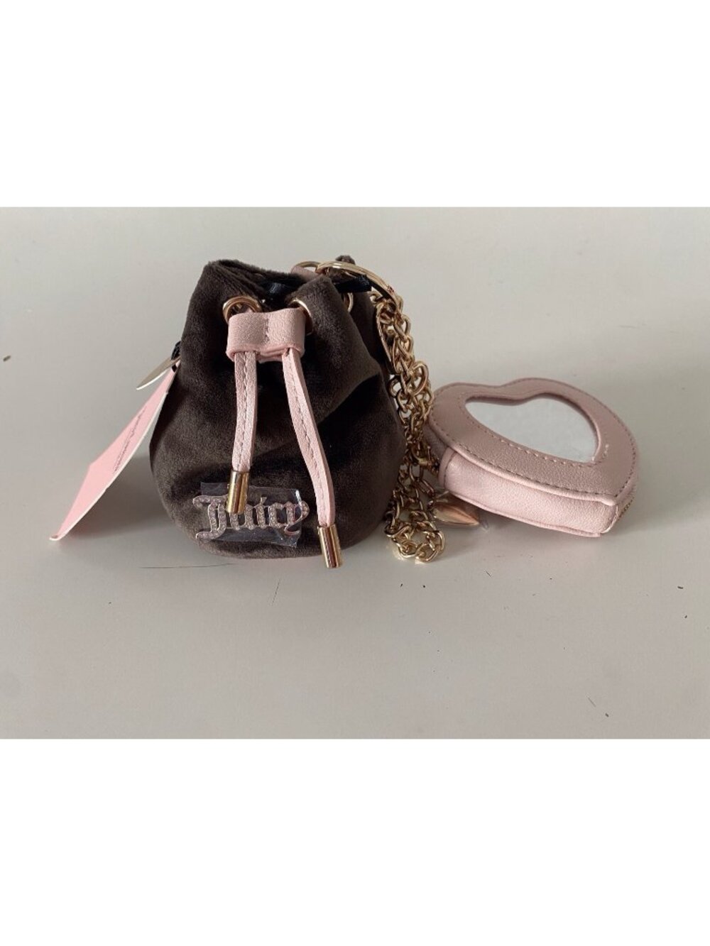 Juicy Couture Juicy Angel Draw String & Heart Micro Bag Charm Chocolate Pink NEW